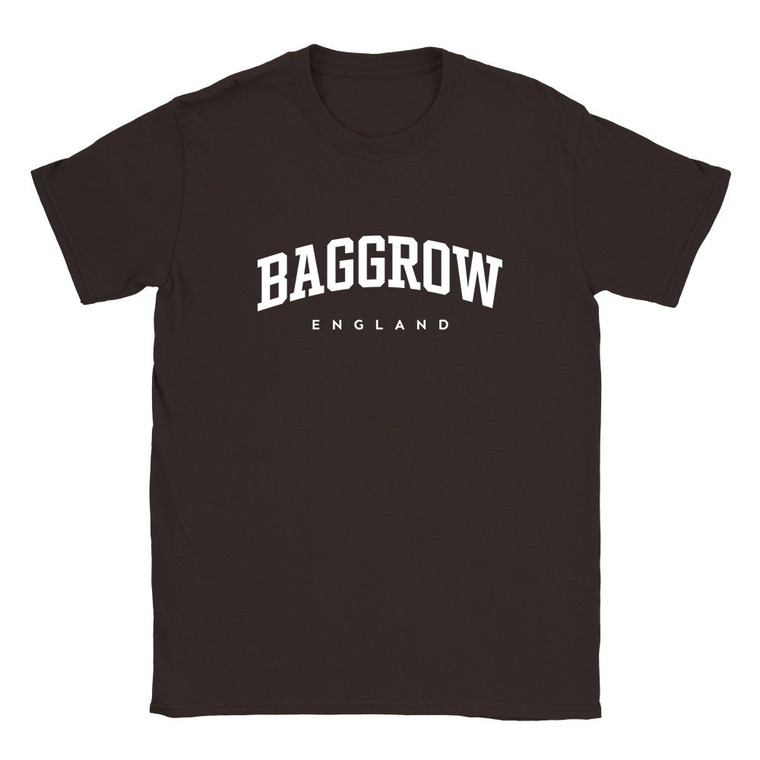 Baggrow T Shirt which features white text centered on the chest which says the Village name Baggrow in varsity style arched writing with England printed underneath.