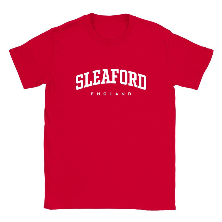 Sleaford T Shirt which features white text centered on the chest which says the Town name Sleaford in varsity style arched writing with England printed underneath.