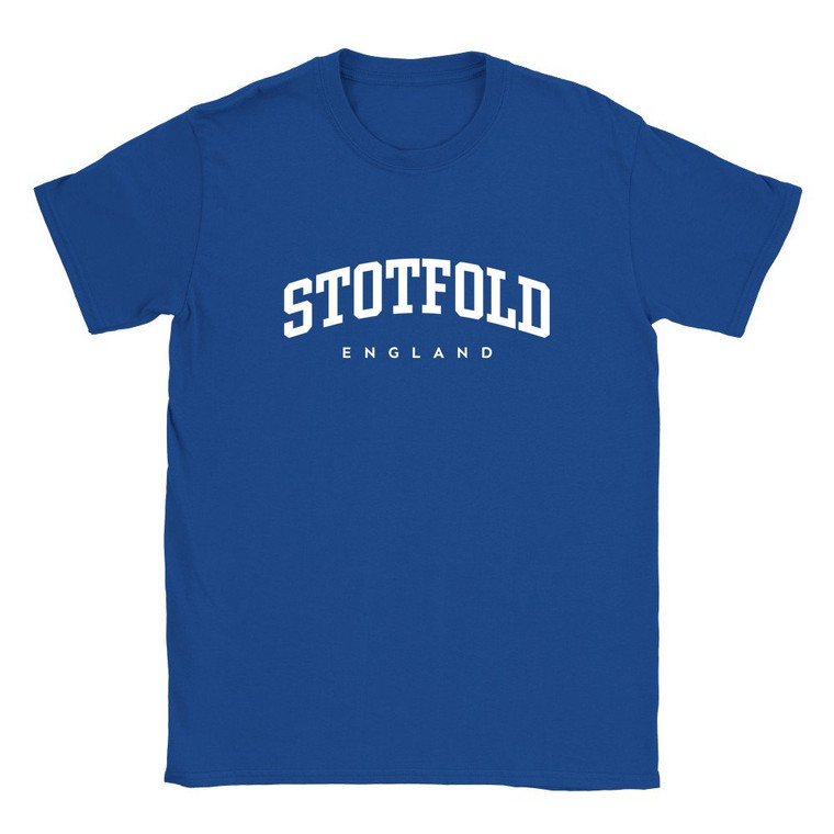 Stotfold T Shirt which features white text centered on the chest which says the Town name Stotfold in varsity style arched writing with England printed underneath.