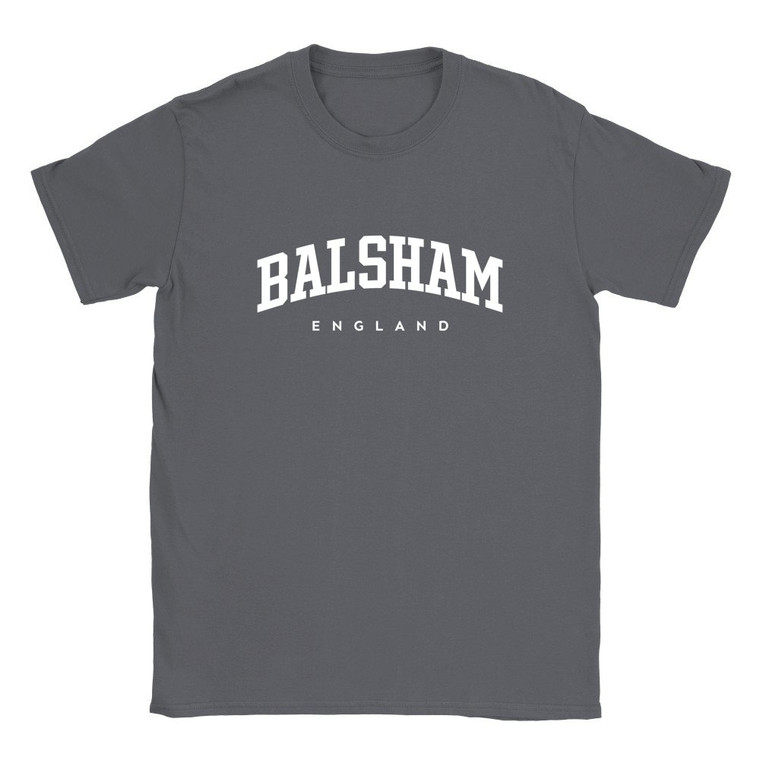 Balsham T Shirt which features white text centered on the chest which says the Village name Balsham in varsity style arched writing with England printed underneath.