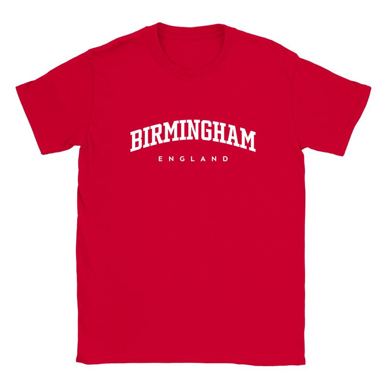 Birmingham T Shirt which features white text centered on the chest which says the City name Birmingham in varsity style arched writing with England printed underneath.