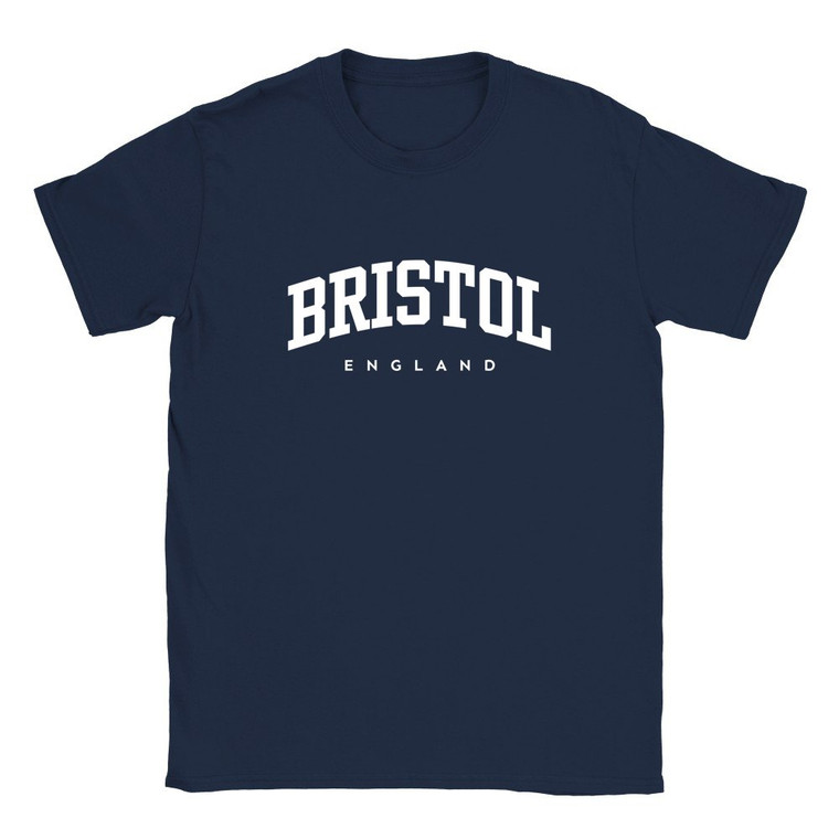 Bristol T Shirt which features white text centered on the chest which says the City name Bristol in varsity style arched writing with England printed underneath.