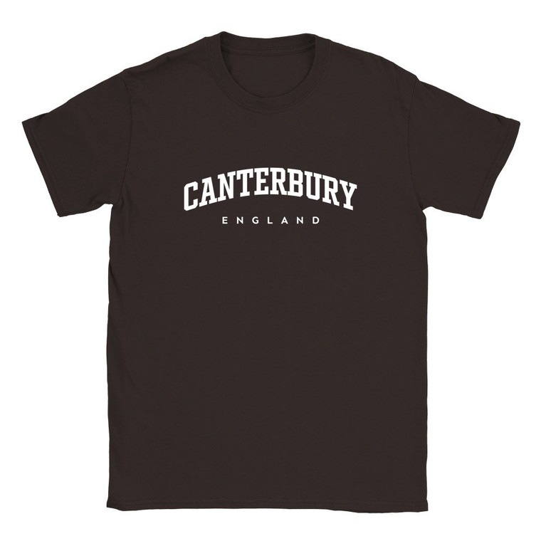 Canterbury T Shirt which features white text centered on the chest which says the City name Canterbury in varsity style arched writing with England printed underneath.