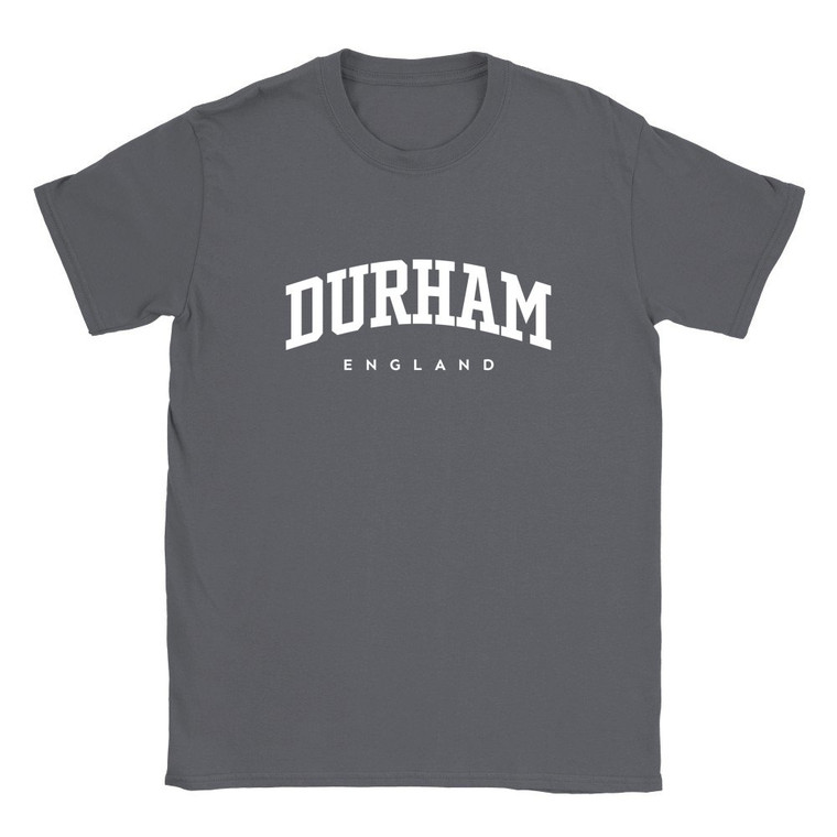 Durham T Shirt which features white text centered on the chest which says the City name Durham in varsity style arched writing with England printed underneath.