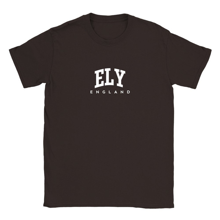 Ely T Shirt which features white text centered on the chest which says the City name Ely in varsity style arched writing with England printed underneath.