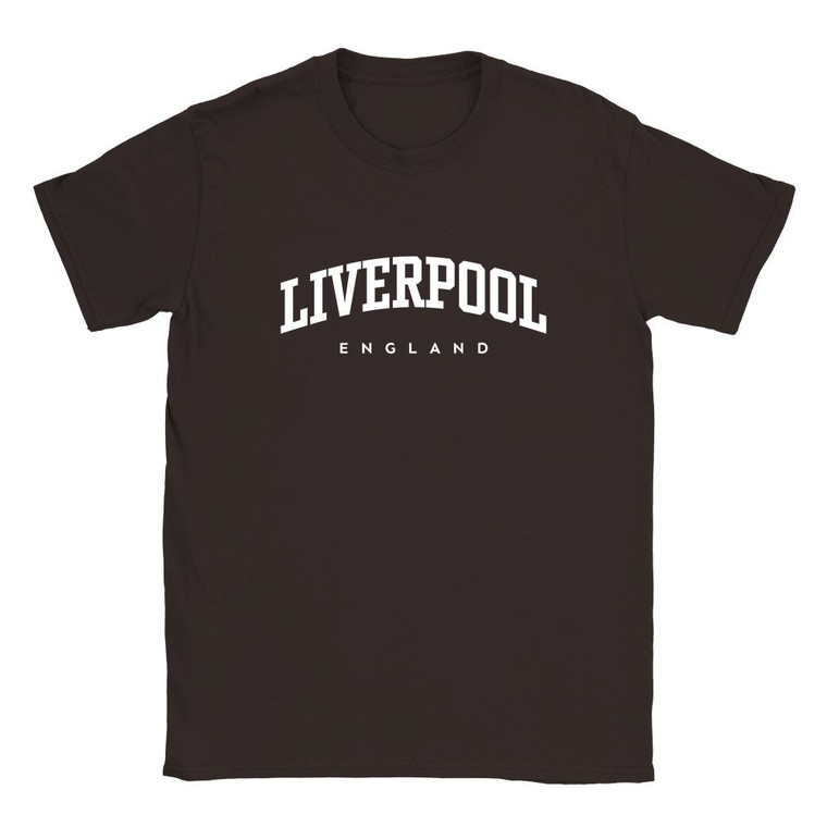 Liverpool T Shirt which features white text centered on the chest which says the City name Liverpool in varsity style arched writing with England printed underneath.