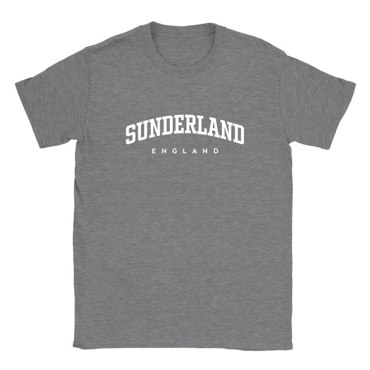 Sunderland T Shirt which features white text centered on the chest which says the City name Sunderland in varsity style arched writing with England printed underneath.
