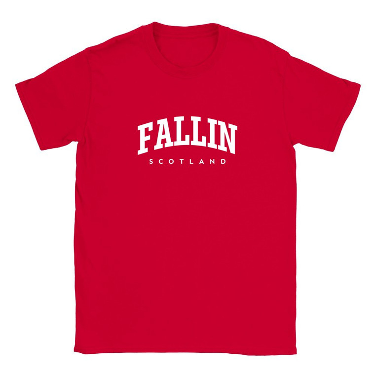 Fallin T Shirt which features white text centered on the chest which says the Village name Fallin in varsity style arched writing with Scotland printed underneath.