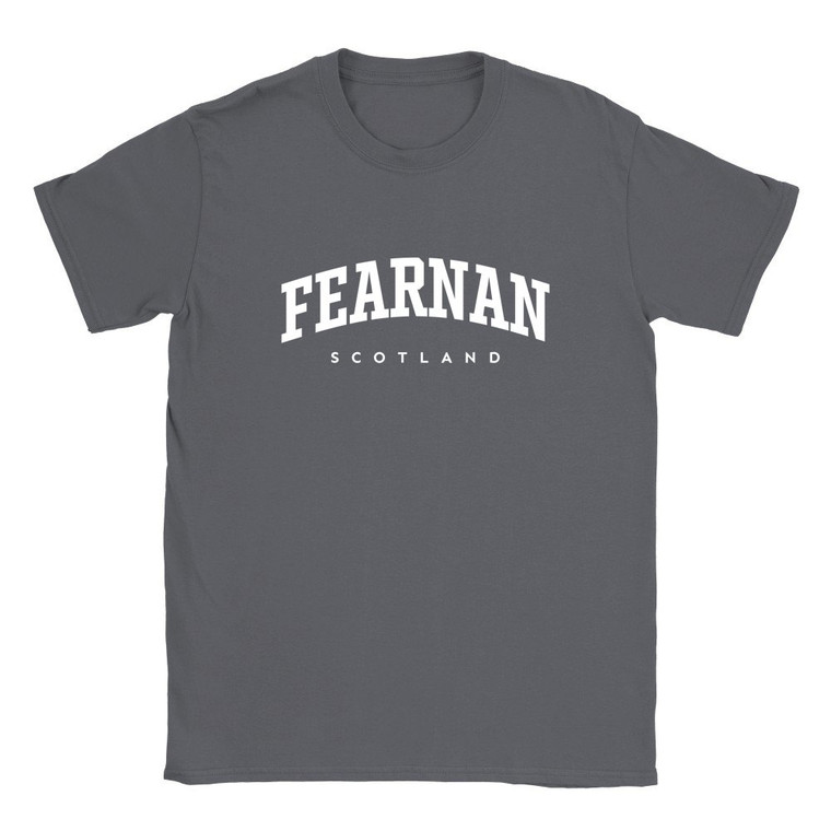 Fearnan T Shirt which features white text centered on the chest which says the Village name Fearnan in varsity style arched writing with Scotland printed underneath.