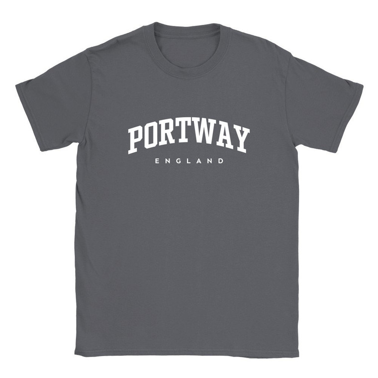 Portway T Shirt which features white text centered on the chest which says the Village name Portway in varsity style arched writing with England printed underneath.