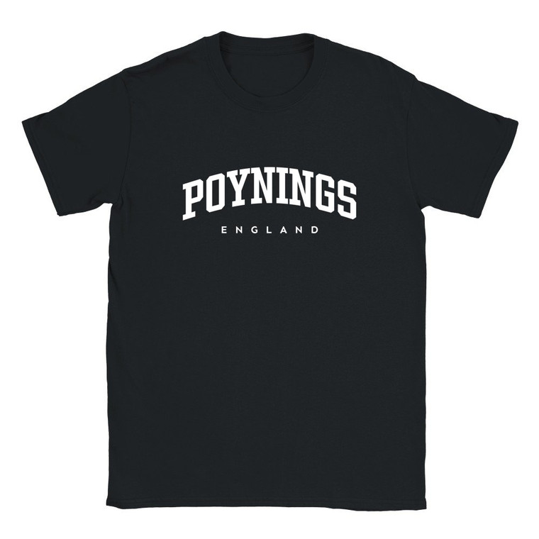 Poynings T Shirt which features white text centered on the chest which says the Village name Poynings in varsity style arched writing with England printed underneath.