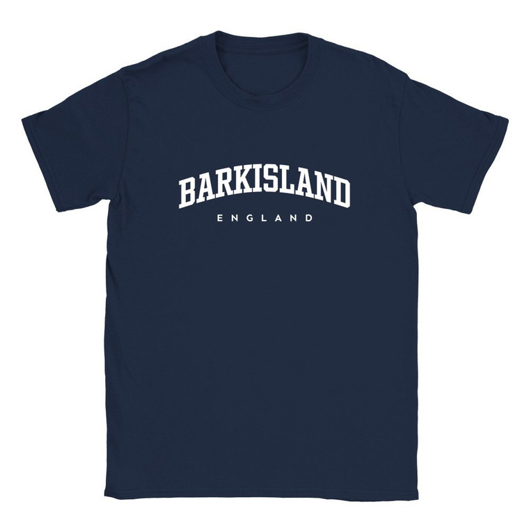 Barkisland T Shirt which features white text centered on the chest which says the Village name Barkisland in varsity style arched writing with England printed underneath.