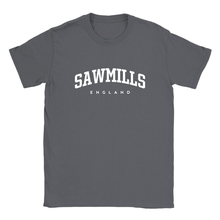 Sawmills T Shirt which features white text centered on the chest which says the Village name Sawmills in varsity style arched writing with England printed underneath.