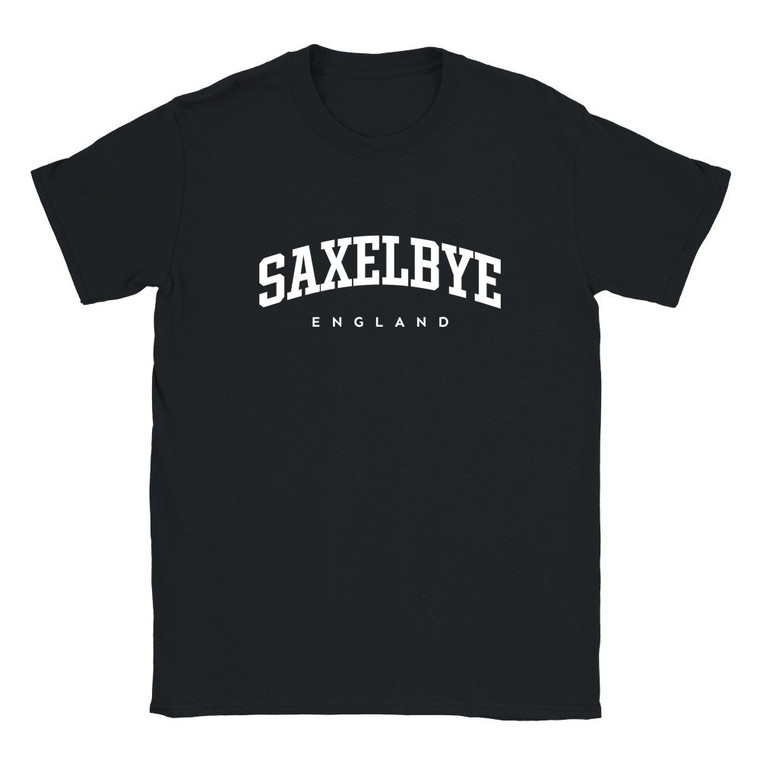 Saxelbye T Shirt which features white text centered on the chest which says the Village name Saxelbye in varsity style arched writing with England printed underneath.