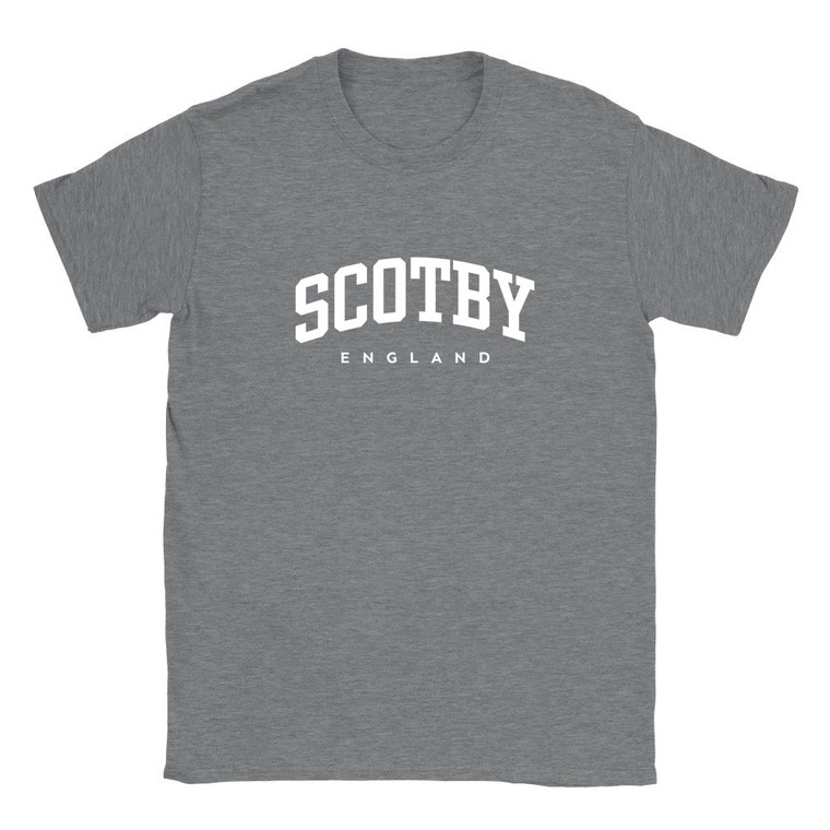 Scotby T Shirt which features white text centered on the chest which says the Village name Scotby in varsity style arched writing with England printed underneath.