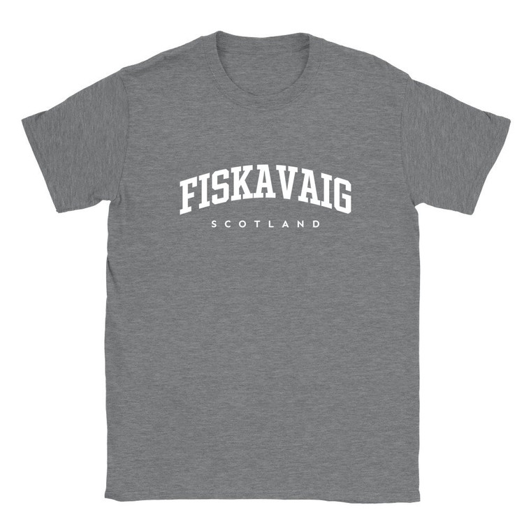 Fiskavaig T Shirt which features white text centered on the chest which says the Village name Fiskavaig in varsity style arched writing with Scotland printed underneath.