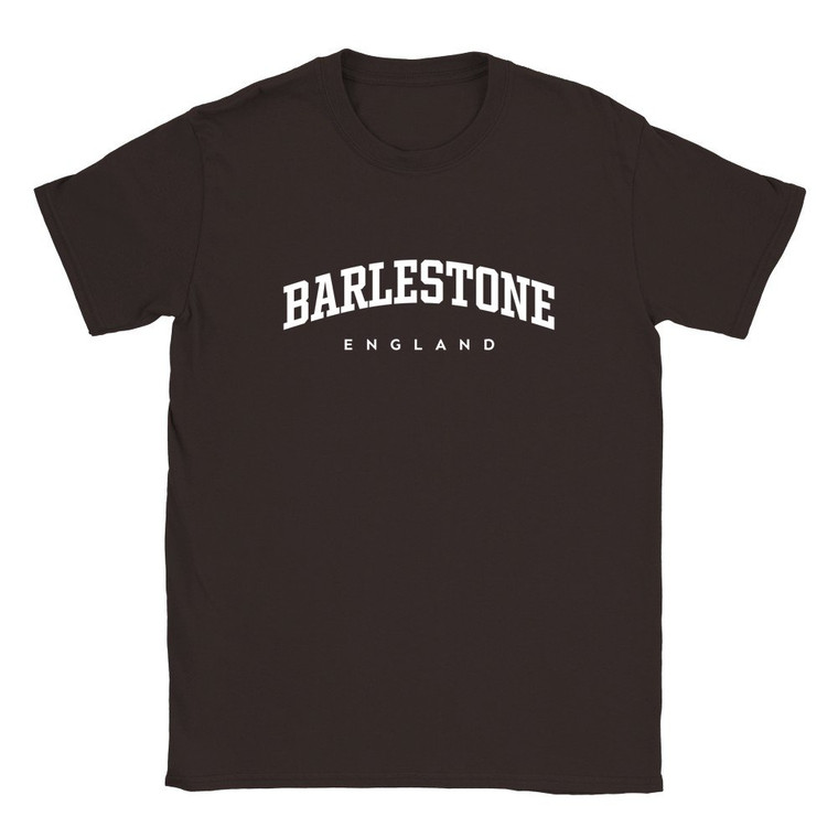 Barlestone T Shirt which features white text centered on the chest which says the Village name Barlestone in varsity style arched writing with England printed underneath.