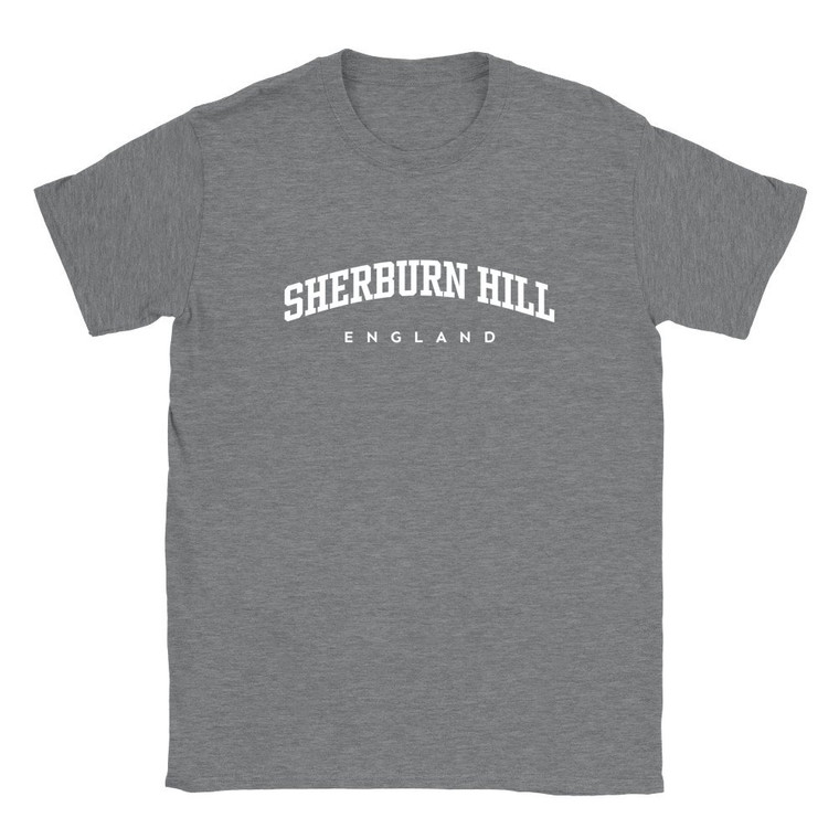 Sherburn Hill T Shirt which features white text centered on the chest which says the Village name Sherburn Hill in varsity style arched writing with England printed underneath.