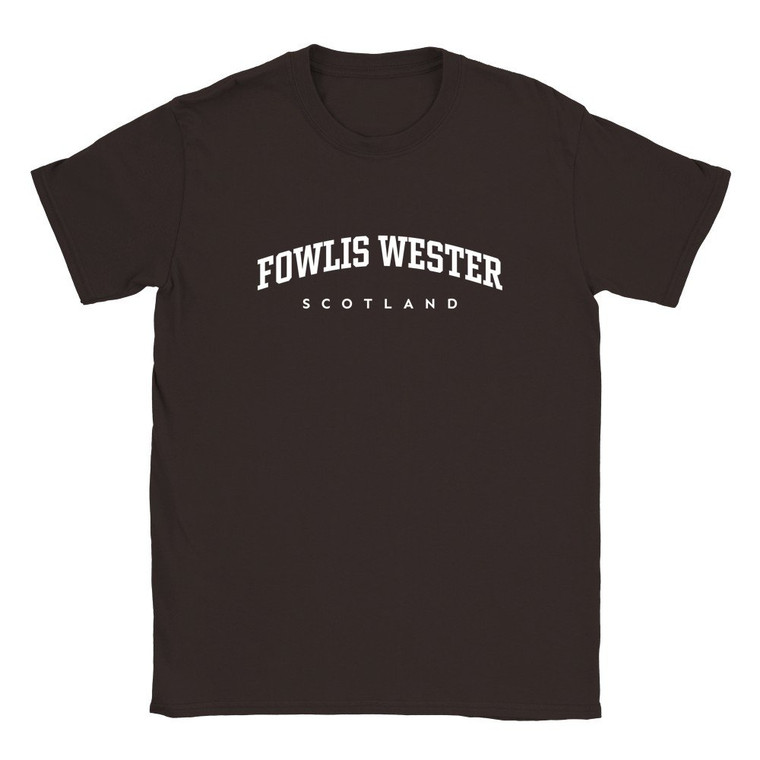 Fowlis Wester T Shirt which features white text centered on the chest which says the Village name Fowlis Wester in varsity style arched writing with Scotland printed underneath.