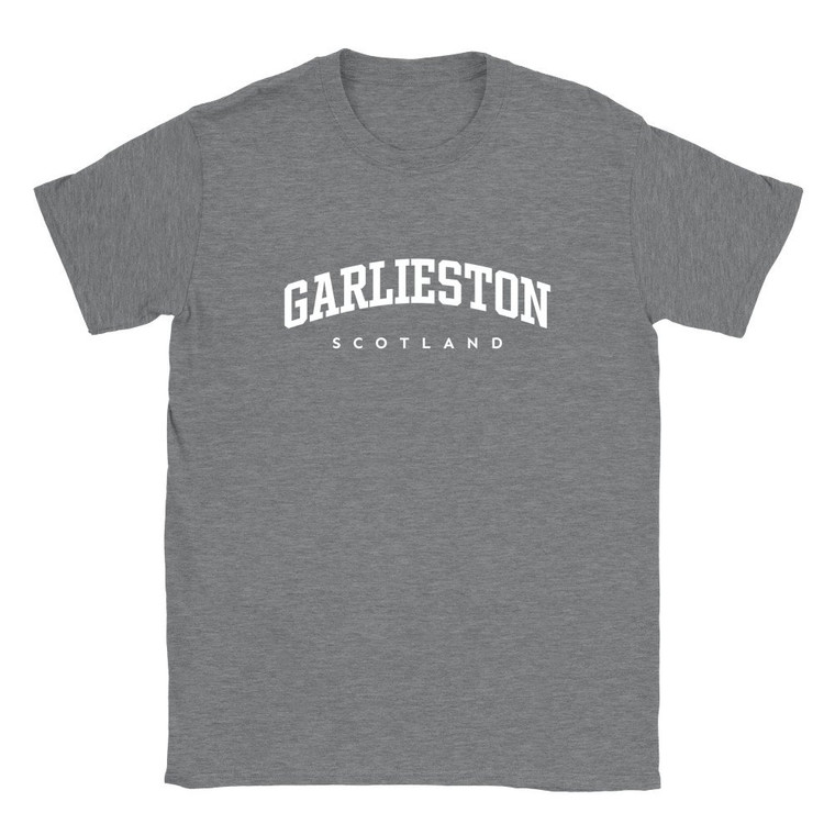 Garlieston T Shirt which features white text centered on the chest which says the Village name Garlieston in varsity style arched writing with Scotland printed underneath.