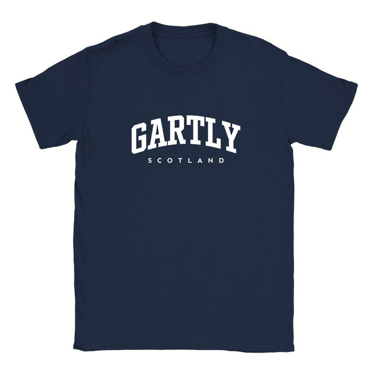 Gartly T Shirt which features white text centered on the chest which says the Village name Gartly in varsity style arched writing with Scotland printed underneath.