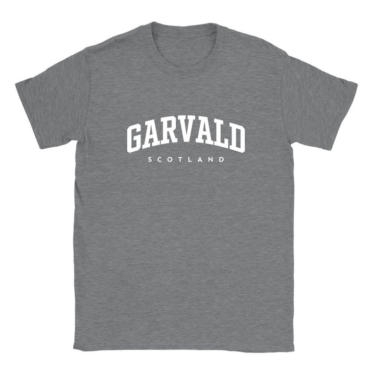 Garvald T Shirt which features white text centered on the chest which says the Village name Garvald in varsity style arched writing with Scotland printed underneath.