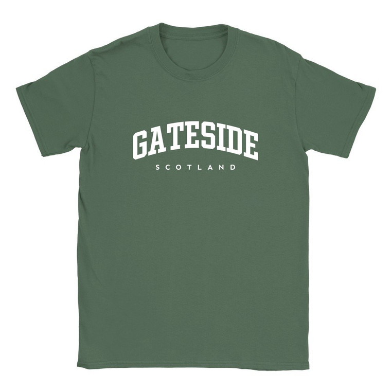 Gateside T Shirt which features white text centered on the chest which says the Village name Gateside in varsity style arched writing with Scotland printed underneath.