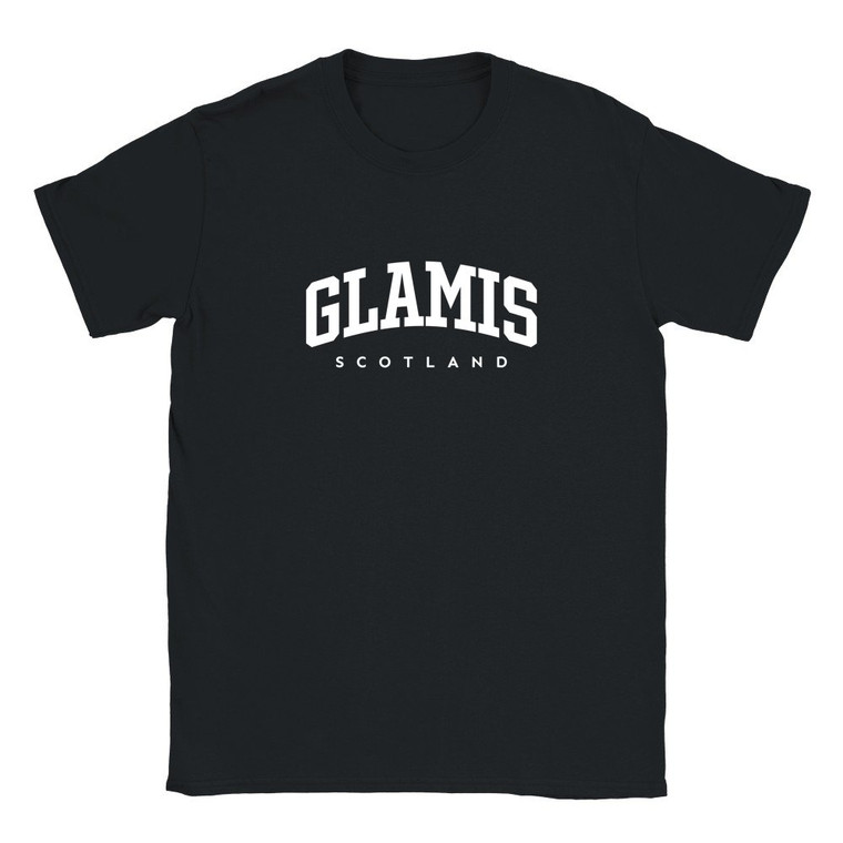 Glamis T Shirt which features white text centered on the chest which says the Village name Glamis in varsity style arched writing with Scotland printed underneath.