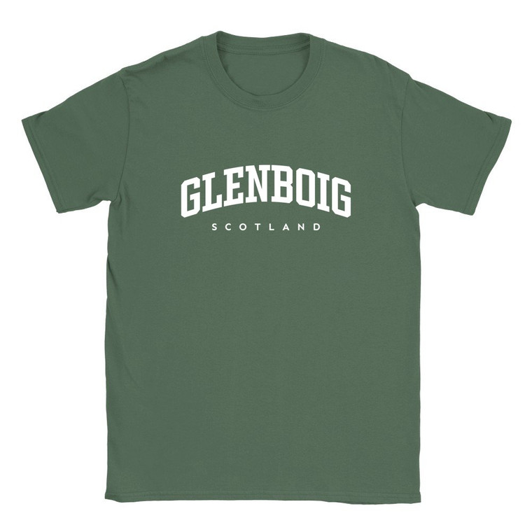 Glenboig T Shirt which features white text centered on the chest which says the Village name Glenboig in varsity style arched writing with Scotland printed underneath.