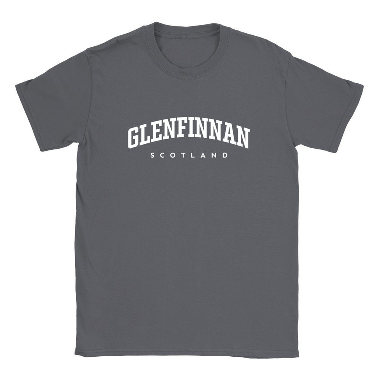 Glenfinnan T Shirt which features white text centered on the chest which says the Village name Glenfinnan in varsity style arched writing with Scotland printed underneath.