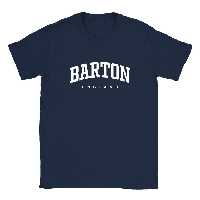 Barton T Shirt which features white text centered on the chest which says the Village name Barton in varsity style arched writing with England printed underneath.