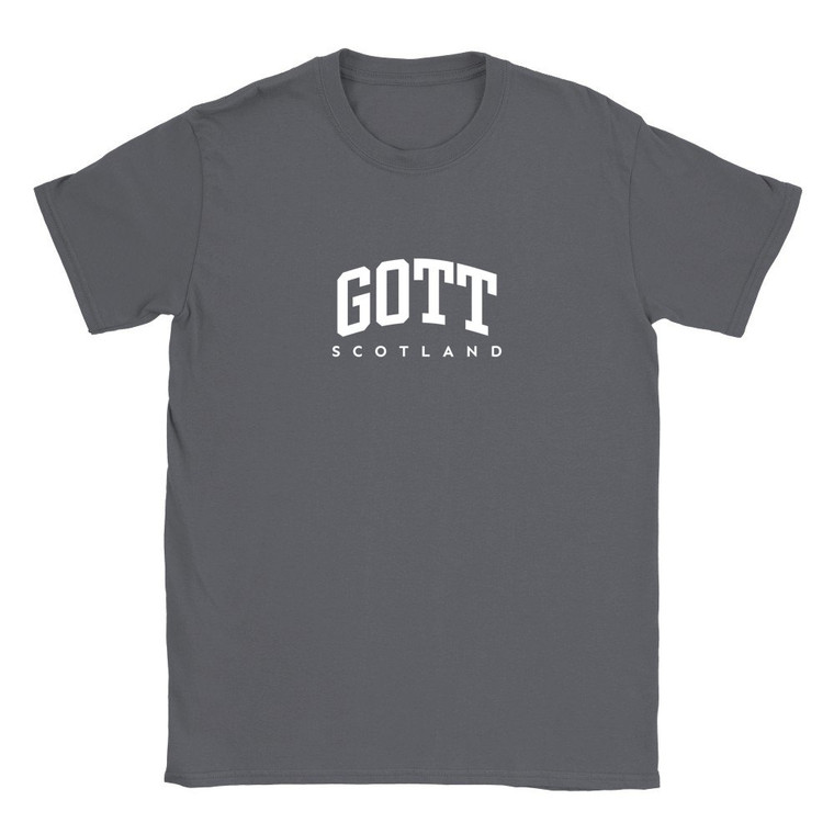 Gott T Shirt which features white text centered on the chest which says the Village name Gott in varsity style arched writing with Scotland printed underneath.