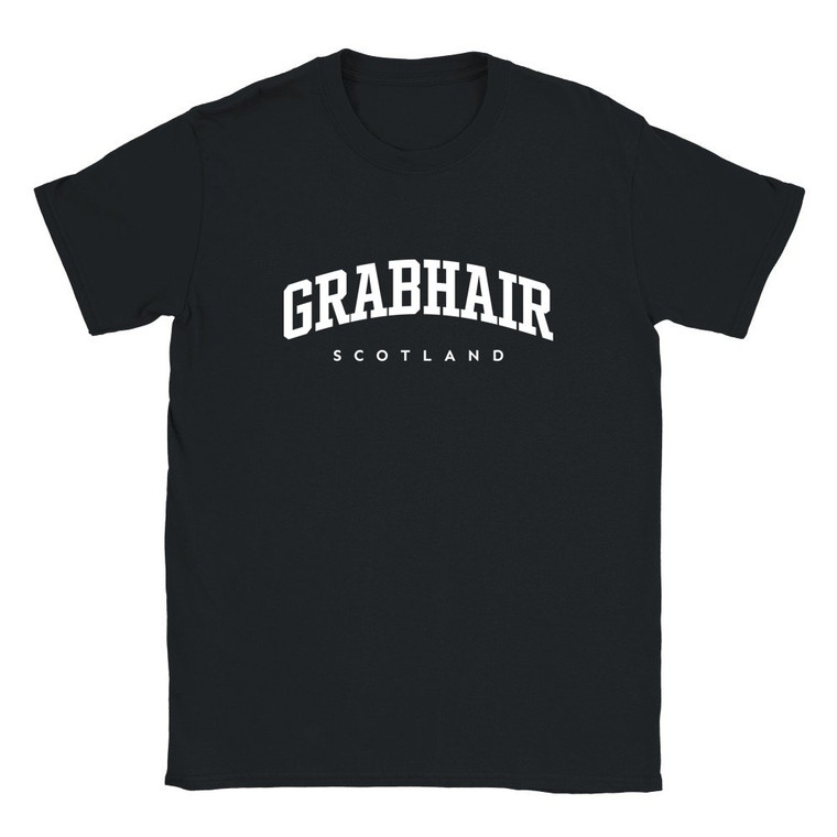 Grabhair T Shirt which features white text centered on the chest which says the Village name Grabhair in varsity style arched writing with Scotland printed underneath.