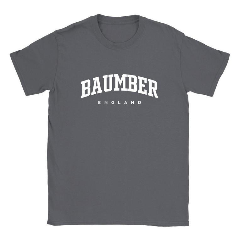 Baumber T Shirt which features white text centered on the chest which says the Village name Baumber in varsity style arched writing with England printed underneath.