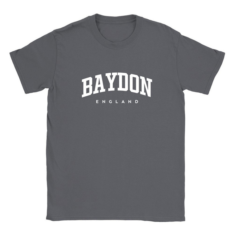 Baydon T Shirt which features white text centered on the chest which says the Village name Baydon in varsity style arched writing with England printed underneath.