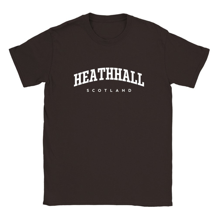 Heathhall T Shirt which features white text centered on the chest which says the Village name Heathhall in varsity style arched writing with Scotland printed underneath.