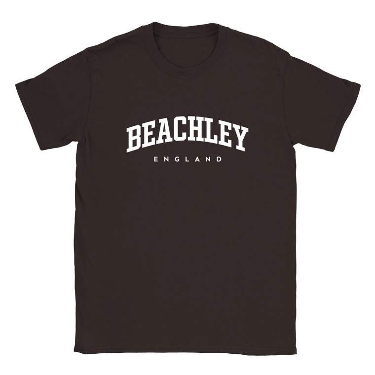 Beachley T Shirt which features white text centered on the chest which says the Village name Beachley in varsity style arched writing with England printed underneath.