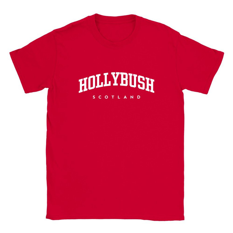 Hollybush T Shirt which features white text centered on the chest which says the Village name Hollybush in varsity style arched writing with Scotland printed underneath.