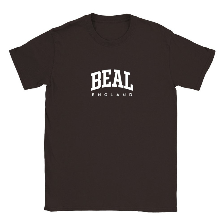 Beal T Shirt which features white text centered on the chest which says the Village name Beal in varsity style arched writing with England printed underneath.
