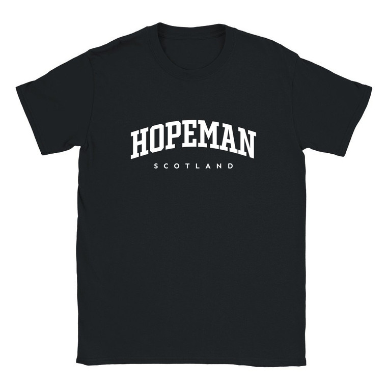 Hopeman T Shirt which features white text centered on the chest which says the Village name Hopeman in varsity style arched writing with Scotland printed underneath.