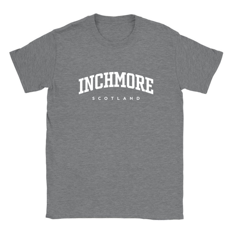 Inchmore T Shirt which features white text centered on the chest which says the Village name Inchmore in varsity style arched writing with Scotland printed underneath.