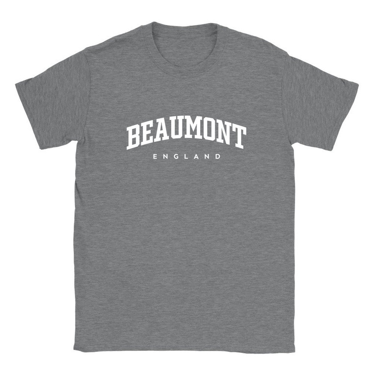 Beaumont T Shirt which features white text centered on the chest which says the Village name Beaumont in varsity style arched writing with England printed underneath.