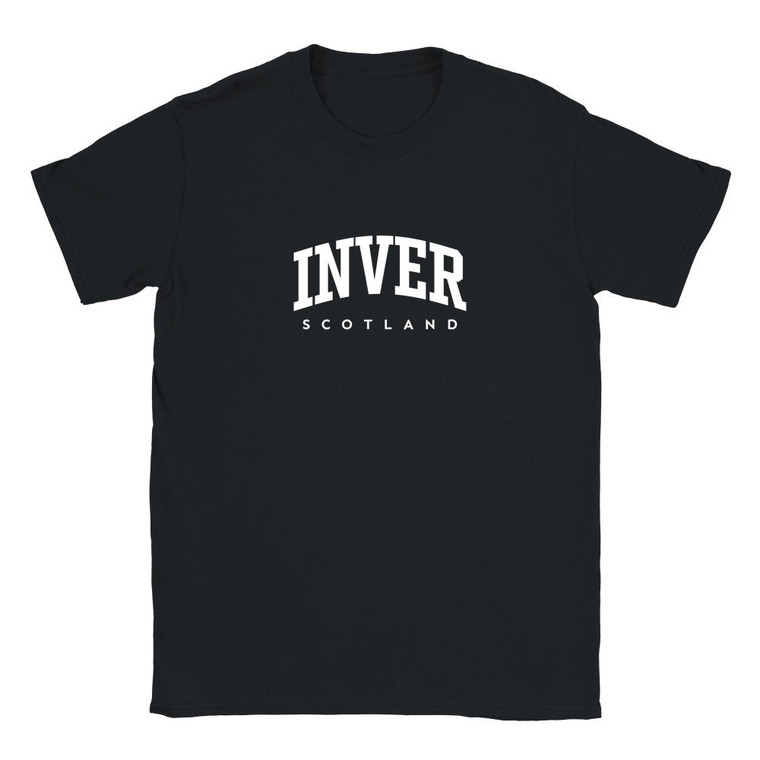 Inver T Shirt which features white text centered on the chest which says the Village name Inver in varsity style arched writing with Scotland printed underneath.