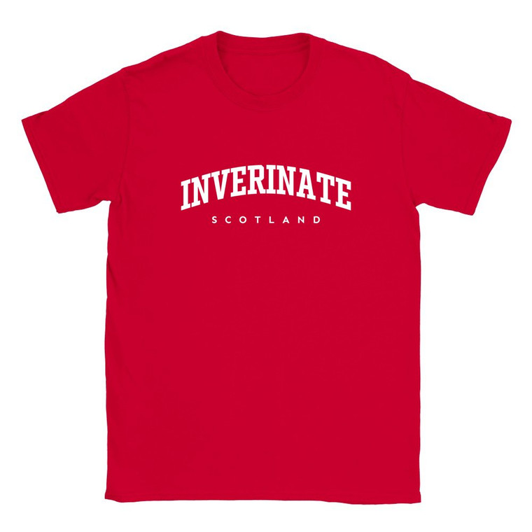 Inverinate T Shirt which features white text centered on the chest which says the Village name Inverinate in varsity style arched writing with Scotland printed underneath.