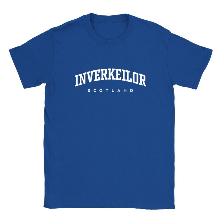 Inverkeilor T Shirt which features white text centered on the chest which says the Village name Inverkeilor in varsity style arched writing with Scotland printed underneath.