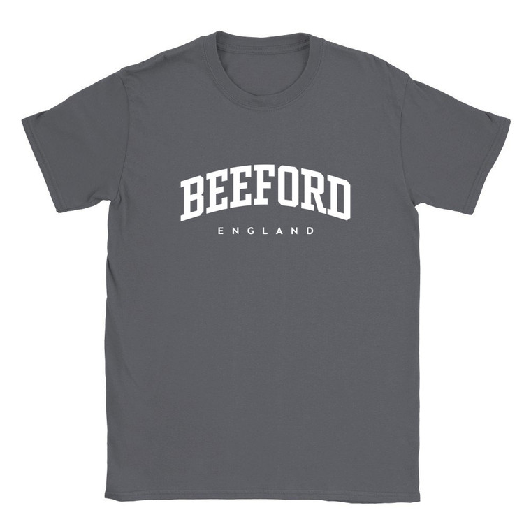 Beeford T Shirt which features white text centered on the chest which says the Village name Beeford in varsity style arched writing with England printed underneath.