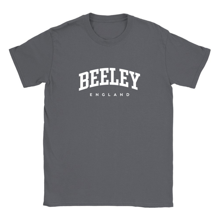Beeley T Shirt which features white text centered on the chest which says the Village name Beeley in varsity style arched writing with England printed underneath.
