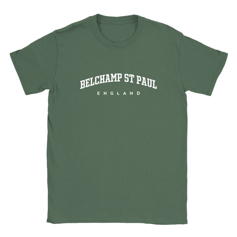 Belchamp St Paul T Shirt which features white text centered on the chest which says the Village name Belchamp St Paul in varsity style arched writing with England printed underneath.