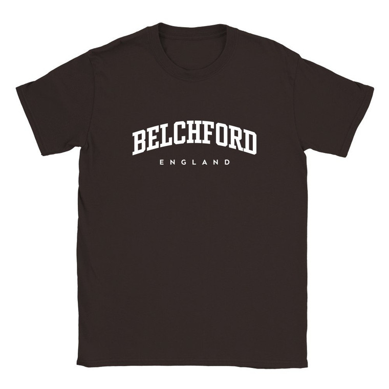 Belchford T Shirt which features white text centered on the chest which says the Village name Belchford in varsity style arched writing with England printed underneath.