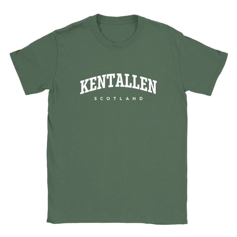 Kentallen T Shirt which features white text centered on the chest which says the Village name Kentallen in varsity style arched writing with Scotland printed underneath.